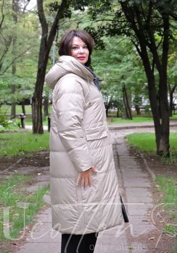 Двохсторонній пуховик жіночий довгий з екопухом гаги Чорний Агат / Оливкова Пастель