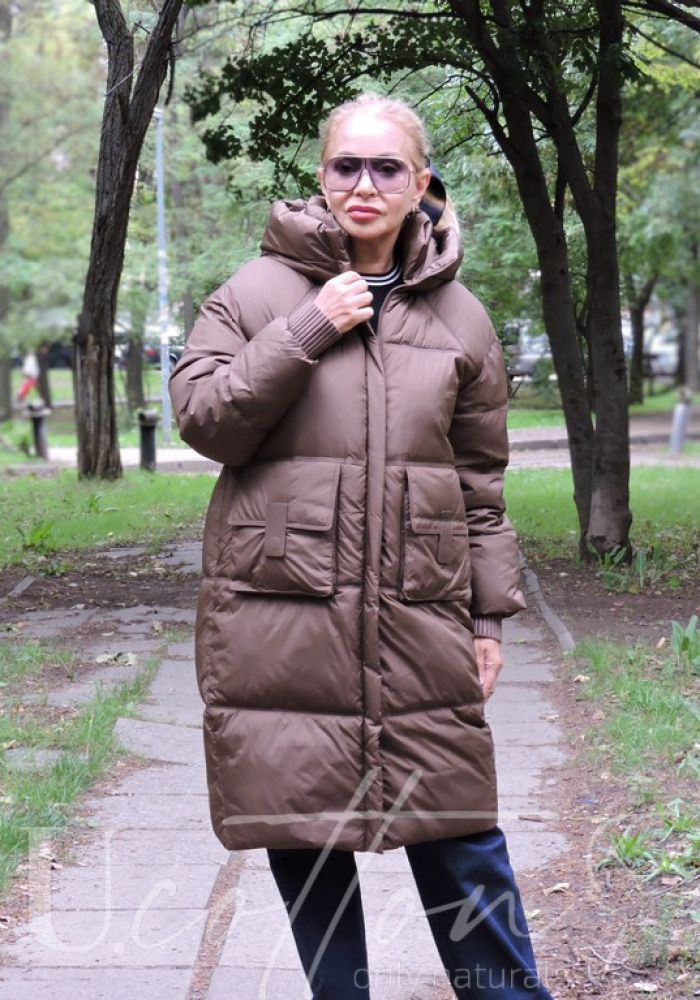 Пуховик жіночий (пальто подовжене) Бронза Антік з екопухом гаги і кишенями-магнітами 102-302