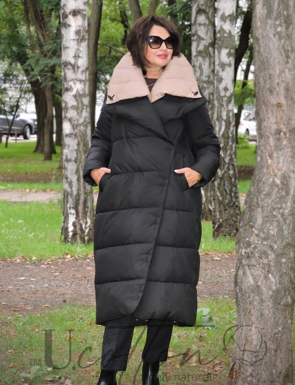 Пуховик-ковдра (довге пальто) з екопуху гаги чорно-кремовий 116-262