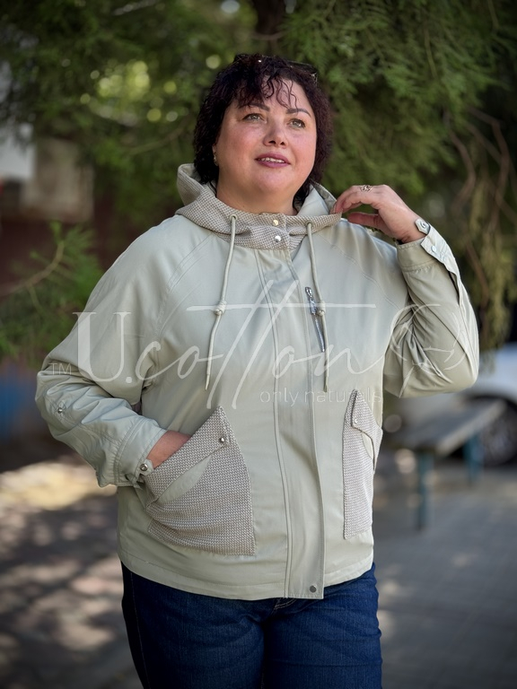 Вітровка (куртка) водонепроникна коротка з кишенями та капюшоном із саржі 1198 світло-зелена Рання М'ята