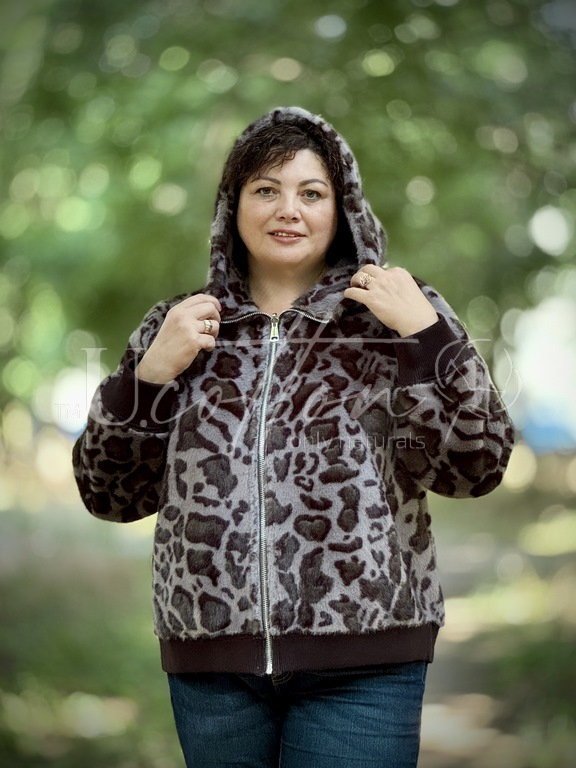 Двохстороння дублянка-бомбер з лазурової екошкіри і хутра Зелений Леопард