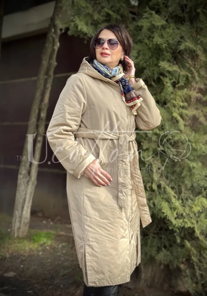 Двохстороннє жіноче демісезонне пальто Хвиля Цитрин ніжно-жовте, палево-золотаве 33102