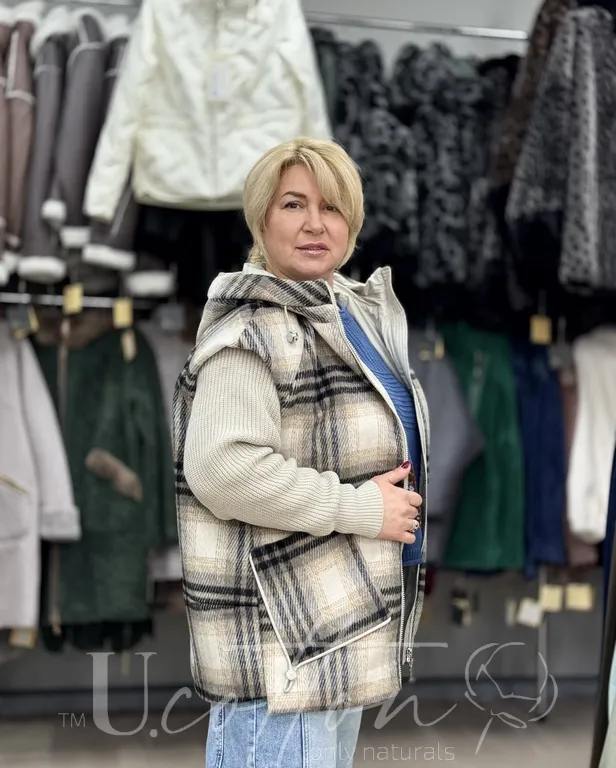 Куртка жіноча демісезонна із шерстю і знімним рукавом Шотландка Тартан від U.Cotton 