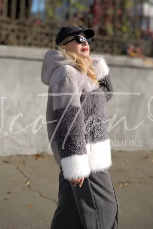 Шубка (напівшубок) двостороння зі скомбінованого преміального екохутра Попеляста Троянда