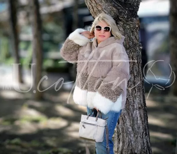 Шубка (напівшубок) двостороння зі скомбінованого преміального екохутра Карамельне Латте