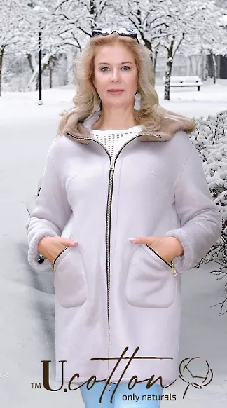 Шуба-дублянка жіноча двохстороння сіро-перлинна Мерехтлива Платина 7570