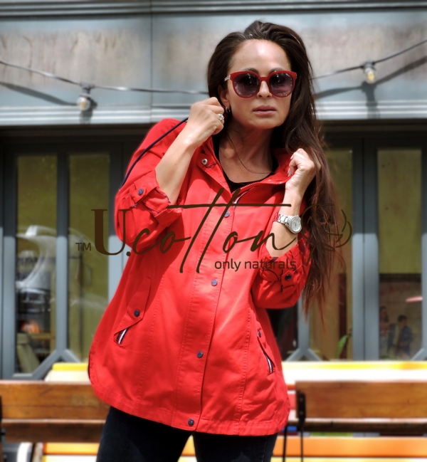 Вітровка (весняно-літня куртка) коттонова червона Полуниця з капелюхом	