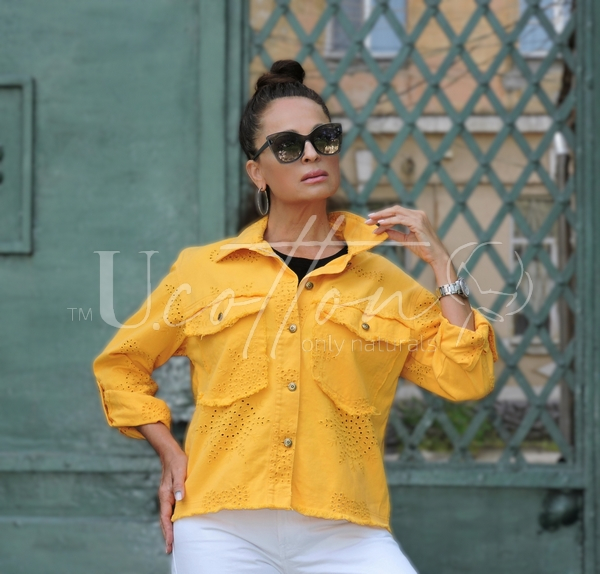 Сорочка натуральна джинсова з вишитою квітковою перфорацією Сanarian Yellow