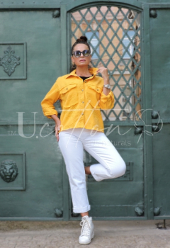 Сорочка натуральна джинсова з вишитою квітковою перфорацією Сanarian Yellow