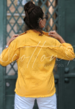 Сорочка натуральна джинсова з вишитою квітковою перфорацією Сanarian Yellow