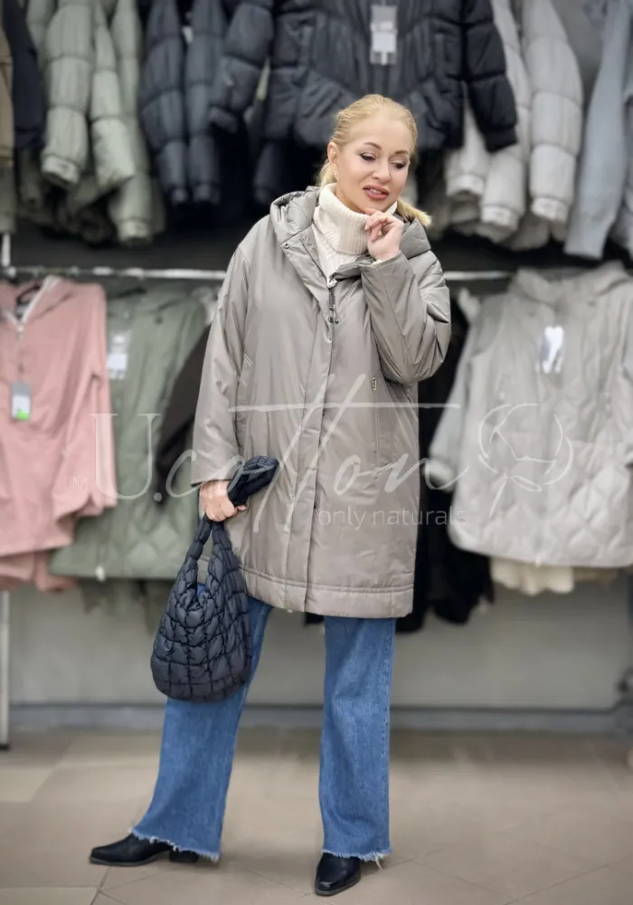 Куртка жіноча демісезонна подовжена з капелюхом Сіра Перлина