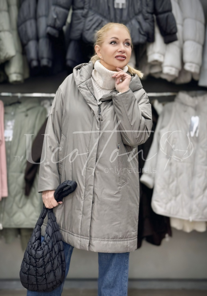 Куртка жіноча демісезонна подовжена з капелюхом Сіра Перлина