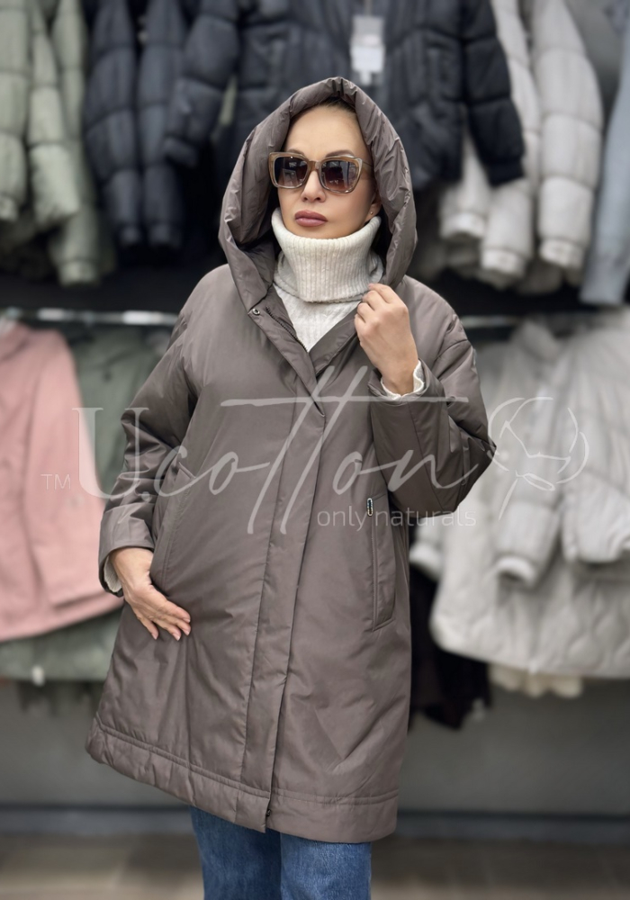 Куртка жіноча демісезонна подовжена з капелюхом Пустельна Квітка (Мокко)