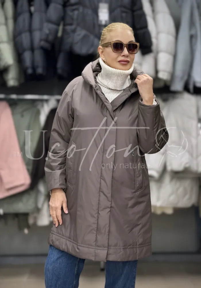 Куртка жіноча демісезонна подовжена з капелюхом Пустельна Квітка (Мокко)