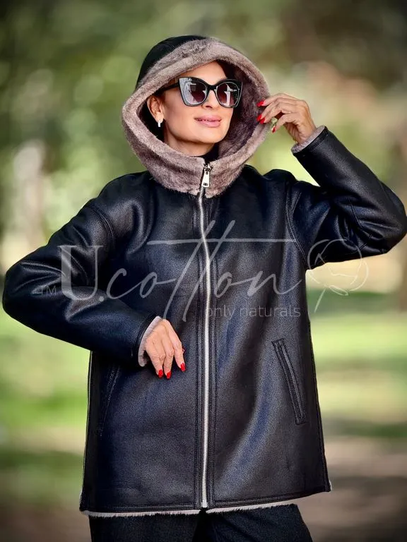 Двостороння шуба-дублянка трансформер чорна екошкіра/еконорка Milk Chocolat